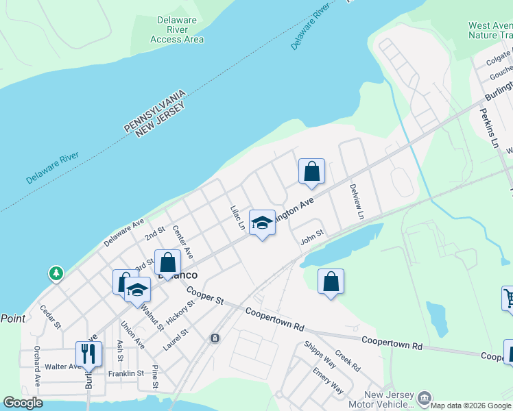 map of restaurants, bars, coffee shops, grocery stores, and more near 300 Peach Tree Lane in Delanco