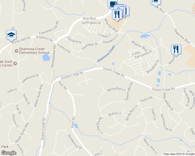 map of restaurants, bars, coffee shops, grocery stores, and more near 790 Dowlin Forge Road in Downingtown