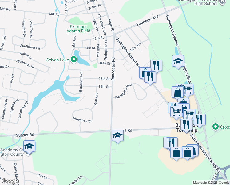 map of restaurants, bars, coffee shops, grocery stores, and more near 1903 Rancocas Road in Burlington