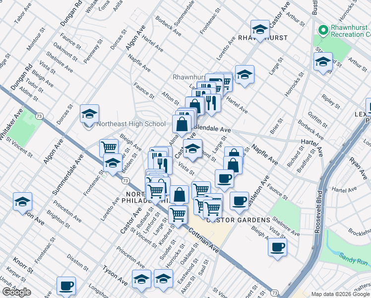 map of restaurants, bars, coffee shops, grocery stores, and more near 7501 Castor Avenue in Philadelphia