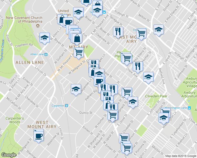 map of restaurants, bars, coffee shops, grocery stores, and more near 7 East Pleasant Street in Philadelphia