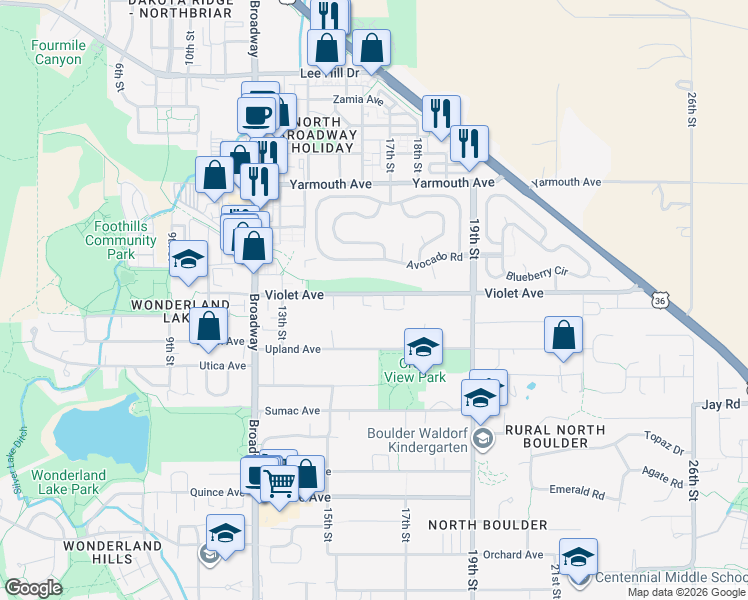 map of restaurants, bars, coffee shops, grocery stores, and more near 1604 Violet Avenue in Boulder