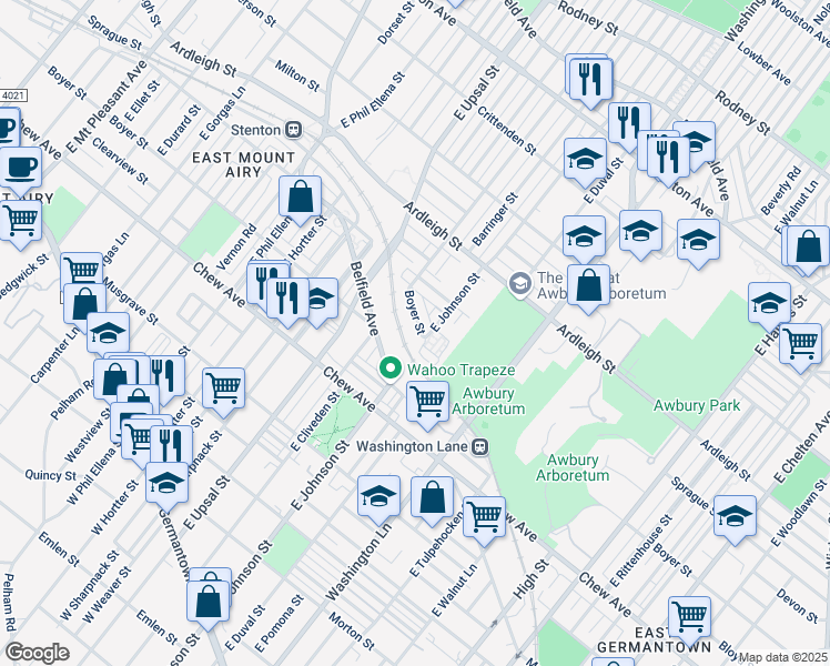 map of restaurants, bars, coffee shops, grocery stores, and more near 6406 East Cliveden Street in Philadelphia