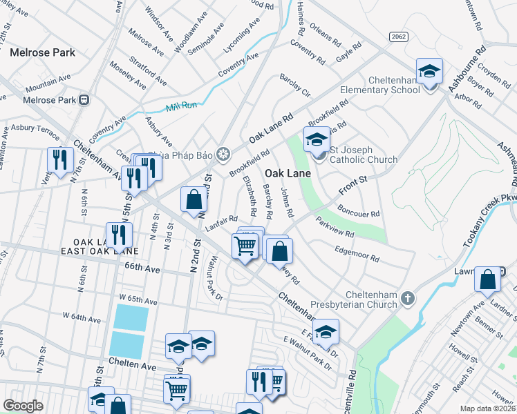 map of restaurants, bars, coffee shops, grocery stores, and more near 7423 Elizabeth Road in Elkins Park