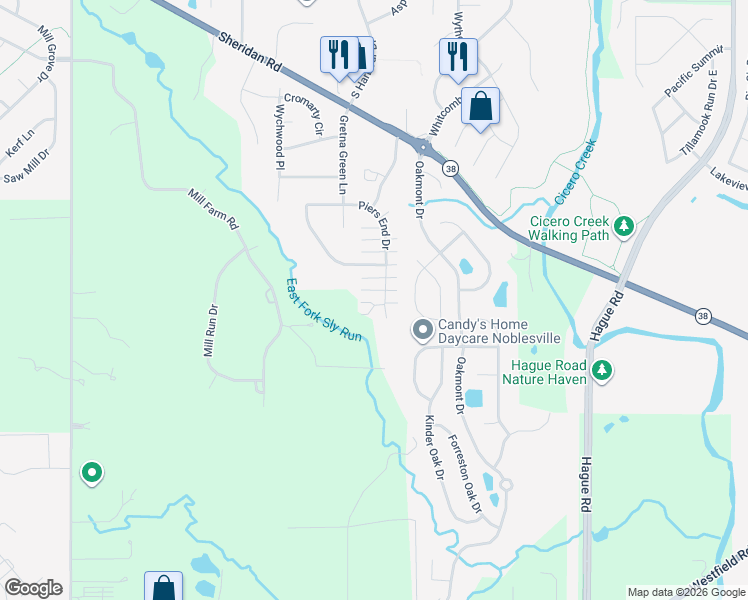 map of restaurants, bars, coffee shops, grocery stores, and more near 18343 Piers End Drive in Noblesville