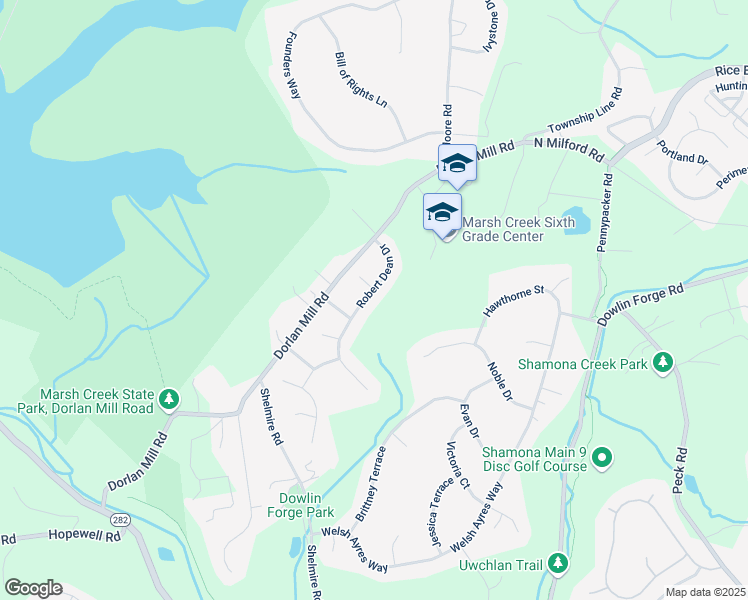 map of restaurants, bars, coffee shops, grocery stores, and more near 815 Robert Dean Drive in Downingtown