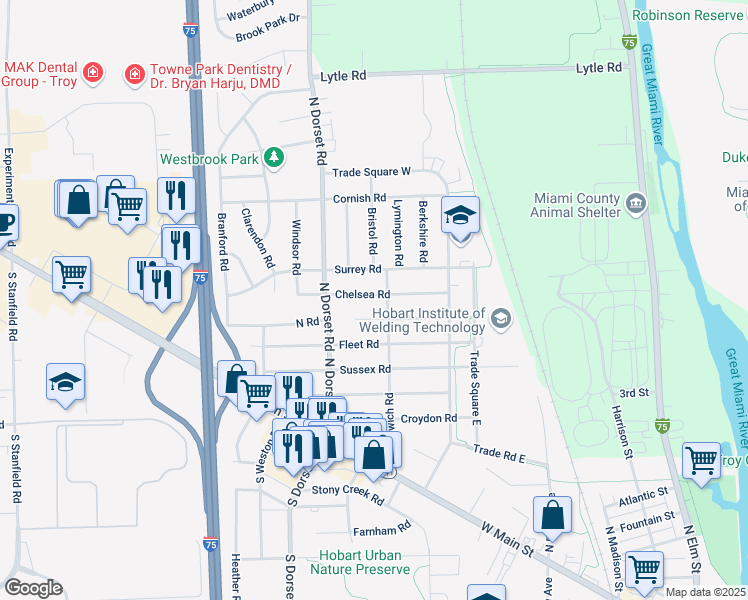 map of restaurants, bars, coffee shops, grocery stores, and more near 1424 Chelsea Road in Troy