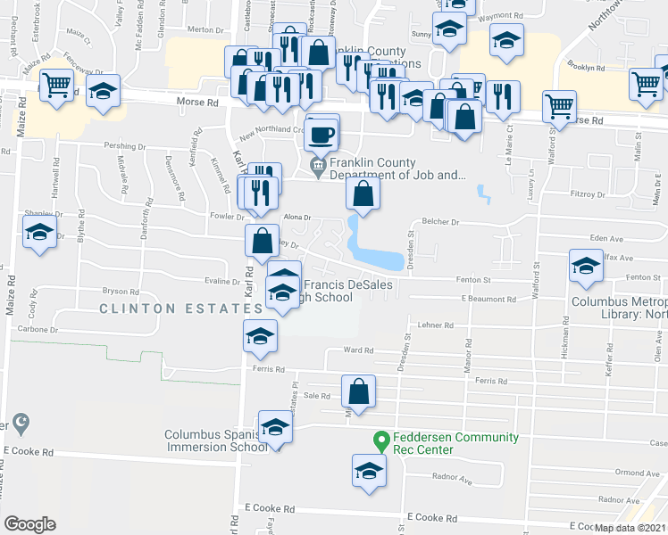 map of restaurants, bars, coffee shops, grocery stores, and more near 1691 Shanley Drive in Columbus