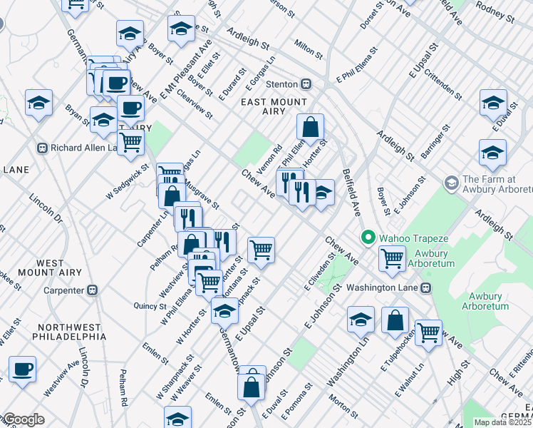 map of restaurants, bars, coffee shops, grocery stores, and more near 6650 Crowson Street in Philadelphia