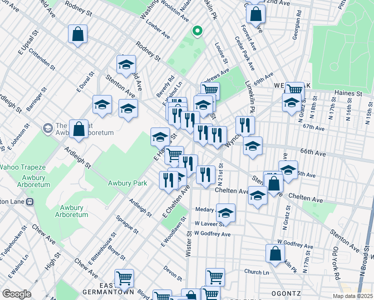 map of restaurants, bars, coffee shops, grocery stores, and more near 1356 East Rittenhouse Street in Philadelphia