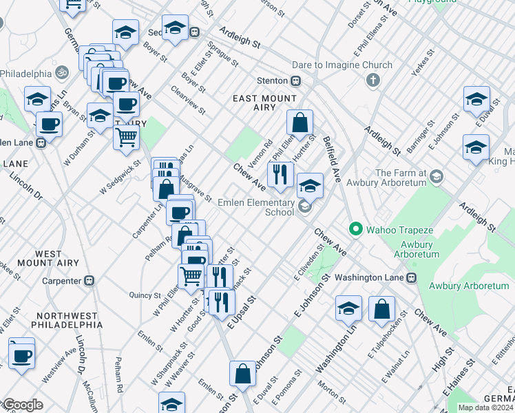 map of restaurants, bars, coffee shops, grocery stores, and more near 6650 Crowson Street in Philadelphia