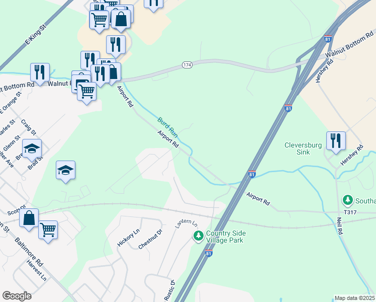 map of restaurants, bars, coffee shops, grocery stores, and more near 68 Airport Rd in Shippensburg