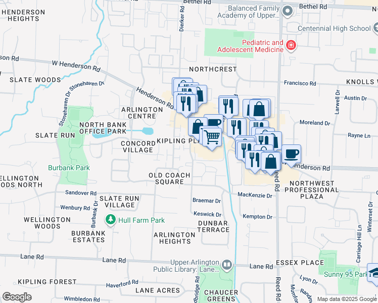 map of restaurants, bars, coffee shops, grocery stores, and more near 4811 Nugent Drive in Columbus