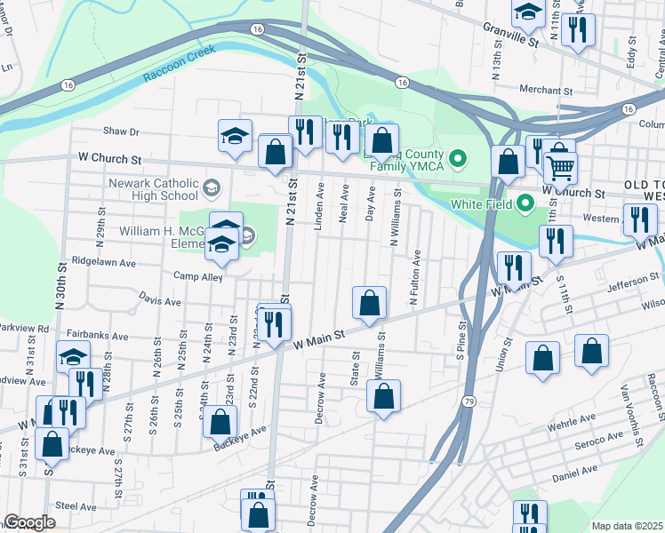 map of restaurants, bars, coffee shops, grocery stores, and more near 105 Neal Ave in Newark