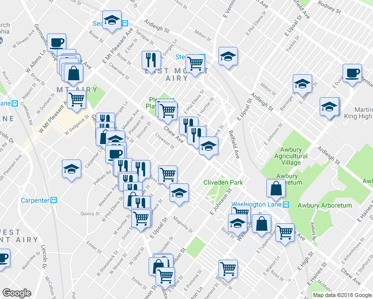 map of restaurants, bars, coffee shops, grocery stores, and more near 6626 Chew Avenue in Philadelphia