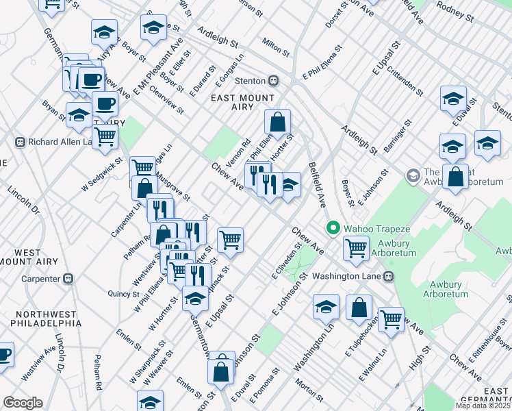 map of restaurants, bars, coffee shops, grocery stores, and more near 6626 Chew Avenue in Philadelphia