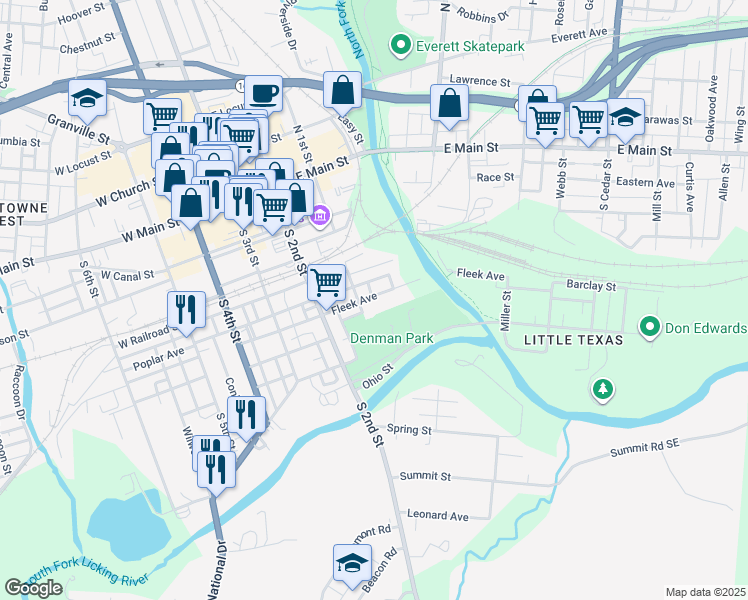 map of restaurants, bars, coffee shops, grocery stores, and more near 105 Fleek Avenue in Newark