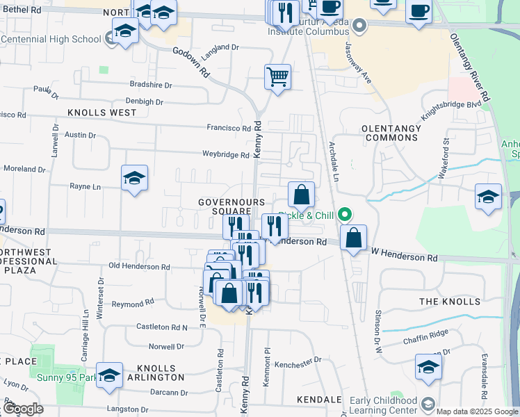 map of restaurants, bars, coffee shops, grocery stores, and more near 4660 Charecote Lane in Columbus