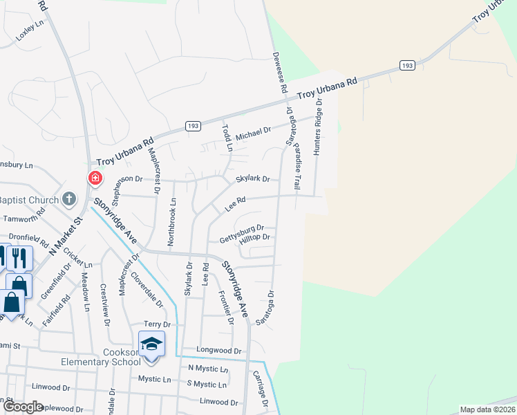 map of restaurants, bars, coffee shops, grocery stores, and more near 1367 Sheridan Court in Troy