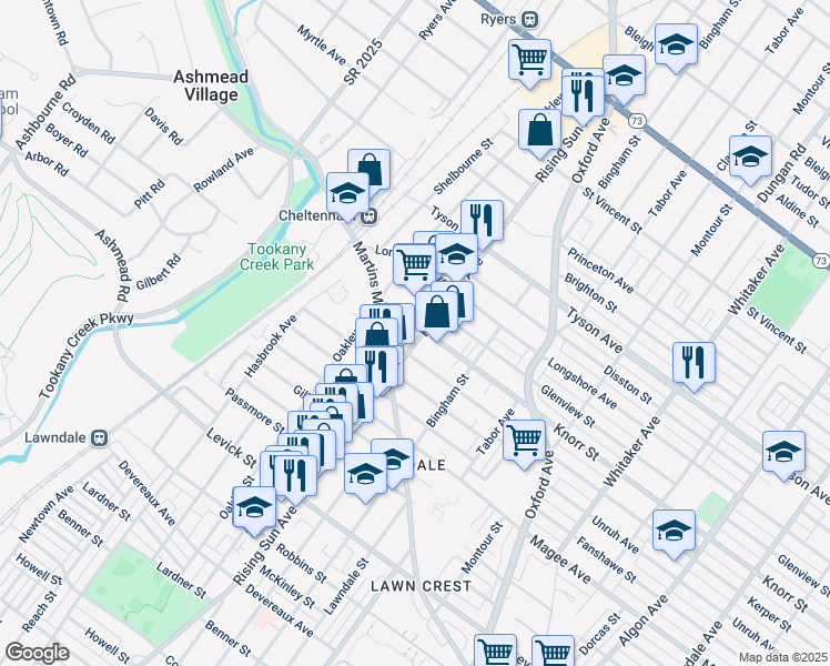 map of restaurants, bars, coffee shops, grocery stores, and more near 6736 Rising Sun Avenue in Philadelphia