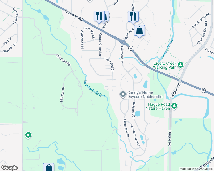 map of restaurants, bars, coffee shops, grocery stores, and more near 18343 Piers End Drive in Noblesville