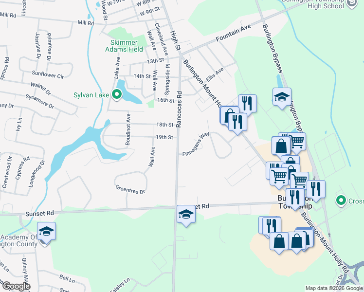 map of restaurants, bars, coffee shops, grocery stores, and more near 1903 Rancocas Road in Burlington