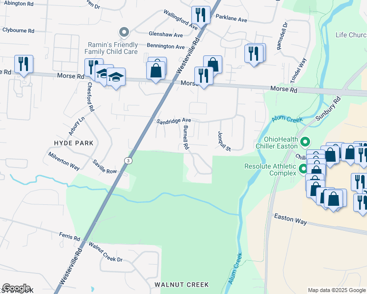 map of restaurants, bars, coffee shops, grocery stores, and more near 4113 Burnell Road in Columbus