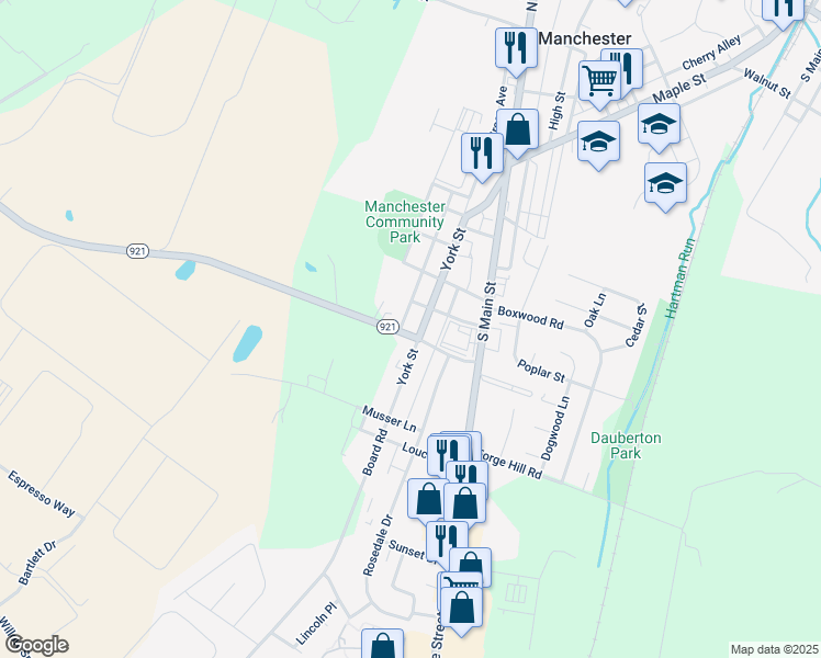 map of restaurants, bars, coffee shops, grocery stores, and more near 390 York St in Manchester
