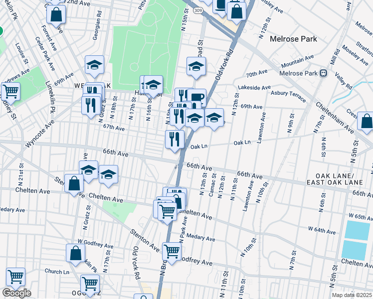 map of restaurants, bars, coffee shops, grocery stores, and more near 6633 Pennsylvania 611 in Philadelphia