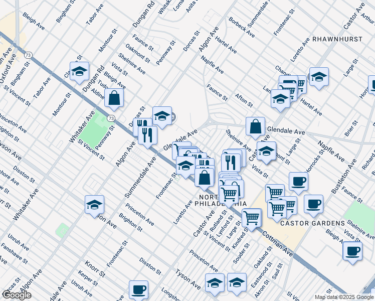 map of restaurants, bars, coffee shops, grocery stores, and more near 7324 Frontenac St in Philadelphia