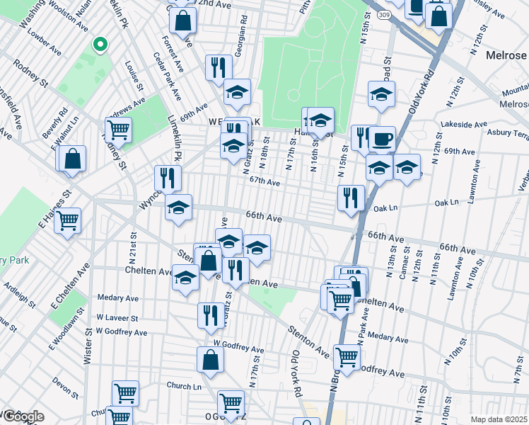 map of restaurants, bars, coffee shops, grocery stores, and more near 6600 North Bouvier Street in Philadelphia
