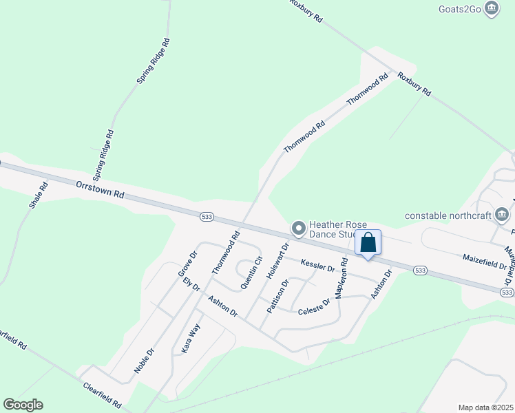 map of restaurants, bars, coffee shops, grocery stores, and more near 10782 Thornwood Road in Shippensburg