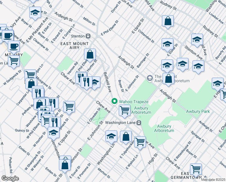 map of restaurants, bars, coffee shops, grocery stores, and more near 6455 Belfield Avenue in Philadelphia