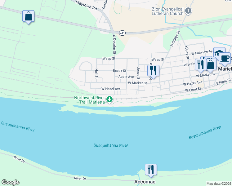 map of restaurants, bars, coffee shops, grocery stores, and more near 577 West Hazel Avenue in Marietta