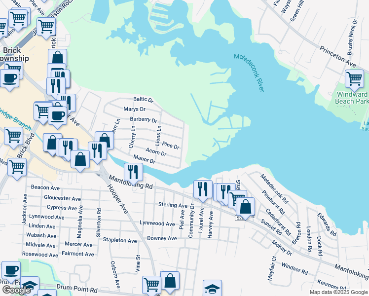 map of restaurants, bars, coffee shops, grocery stores, and more near 719 Eastern Lane in Brick Township