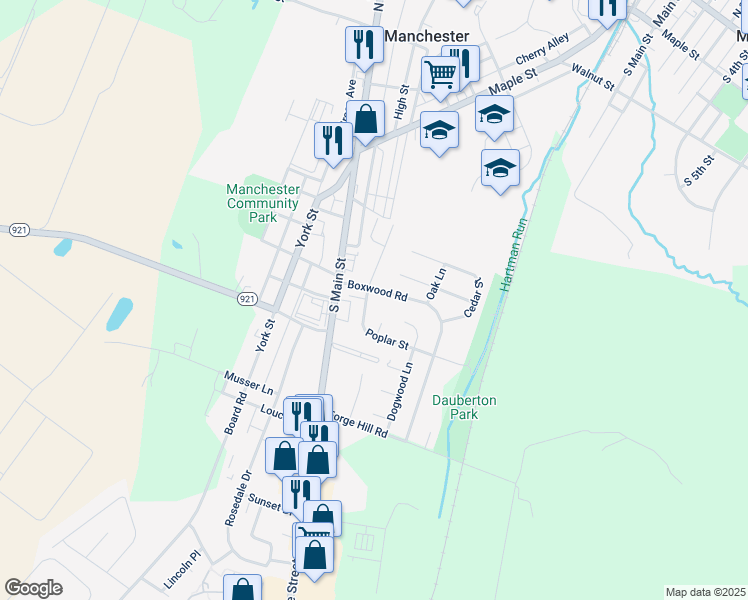 map of restaurants, bars, coffee shops, grocery stores, and more near 215 Poplar St in Manchester