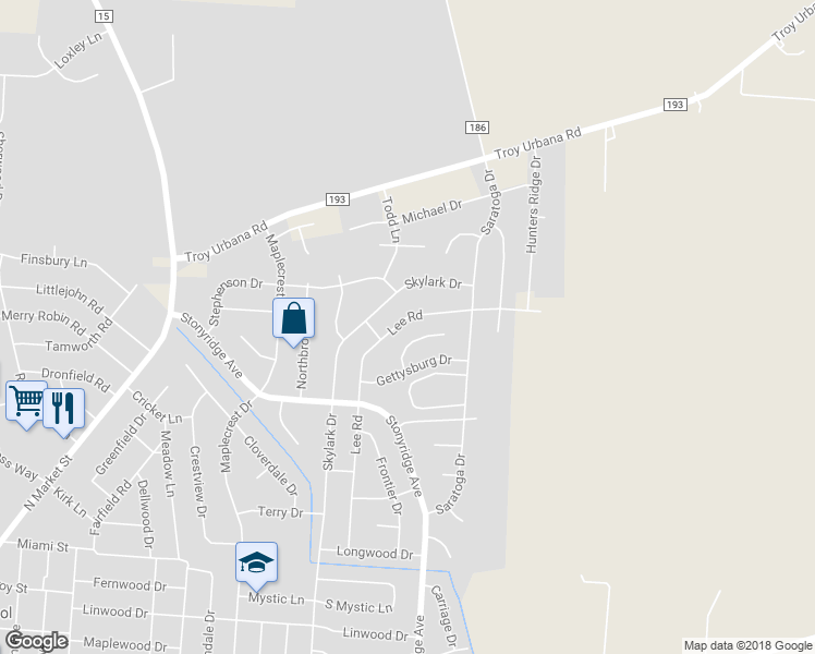 map of restaurants, bars, coffee shops, grocery stores, and more near 1385 Lee Road in Troy