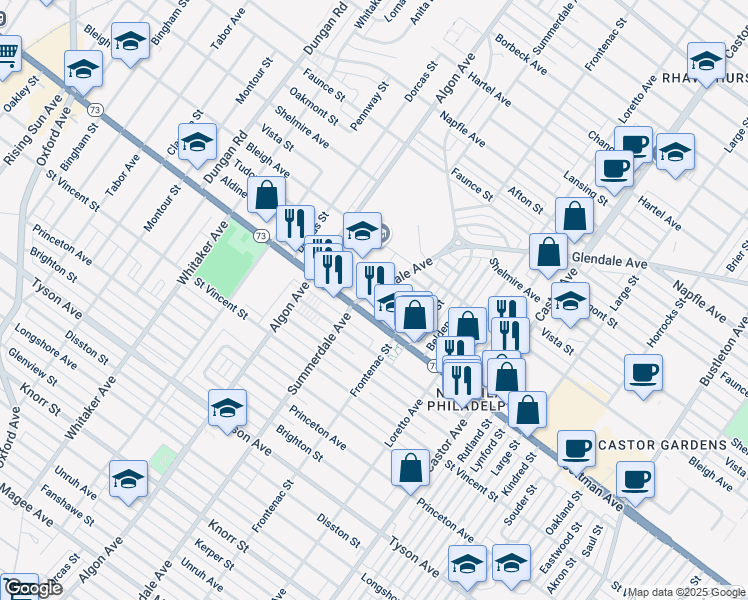 map of restaurants, bars, coffee shops, grocery stores, and more near 1728 Glendale Avenue in Philadelphia