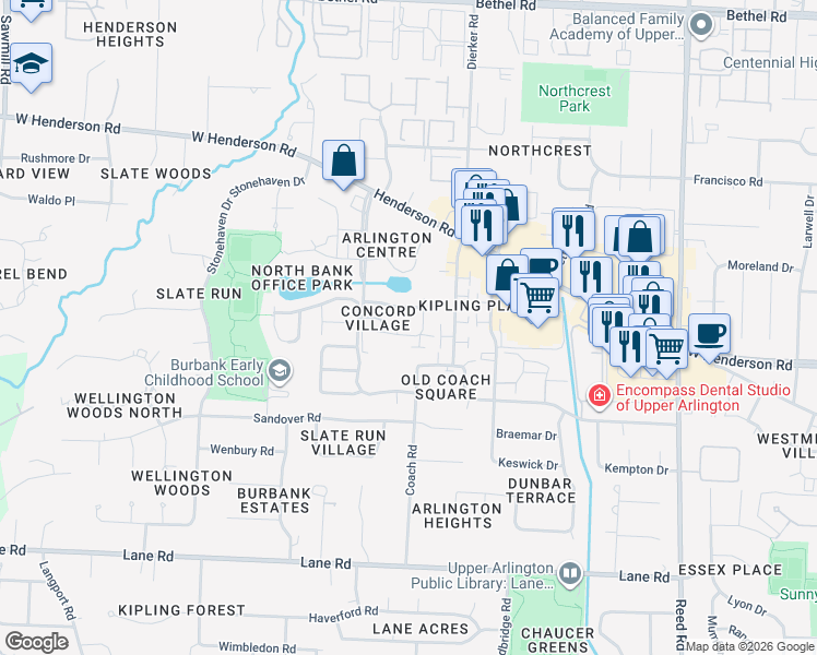 map of restaurants, bars, coffee shops, grocery stores, and more near 2158 Sandston Road in Columbus