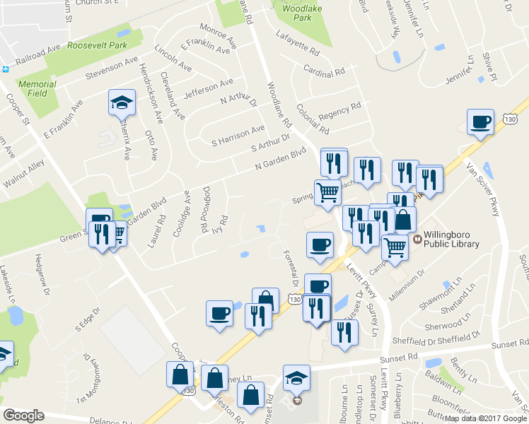 map of restaurants, bars, coffee shops, grocery stores, and more near 17 Crystal Drive in Beverly