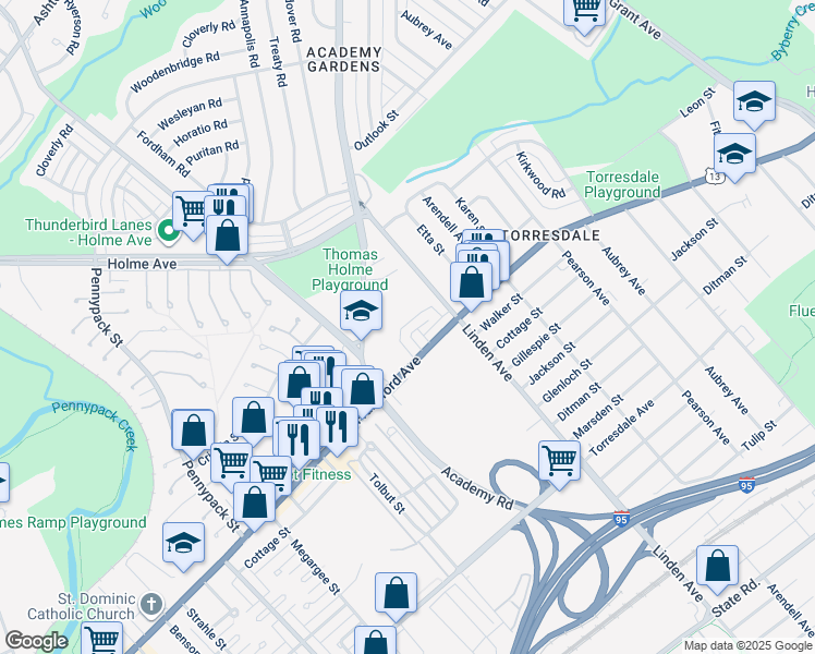 map of restaurants, bars, coffee shops, grocery stores, and more near 9130 Academy Road in Philadelphia