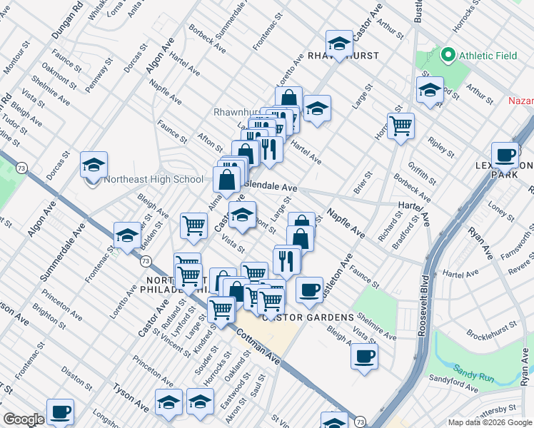 map of restaurants, bars, coffee shops, grocery stores, and more near 2101 Faunce Street in Philadelphia