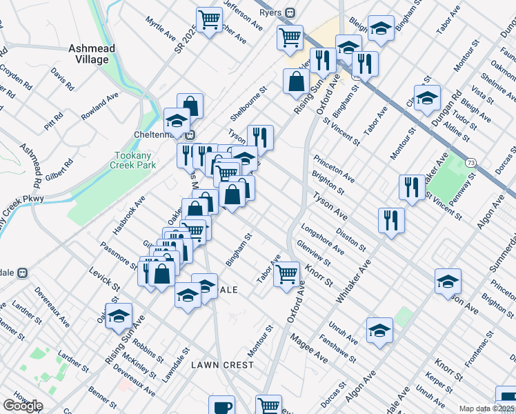 map of restaurants, bars, coffee shops, grocery stores, and more near 543 Glenview Street in Philadelphia