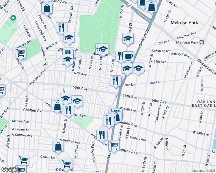 map of restaurants, bars, coffee shops, grocery stores, and more near 1501 Orland Street in Philadelphia