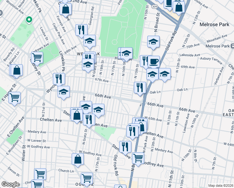 map of restaurants, bars, coffee shops, grocery stores, and more near 6610 North Smedley Street in Philadelphia