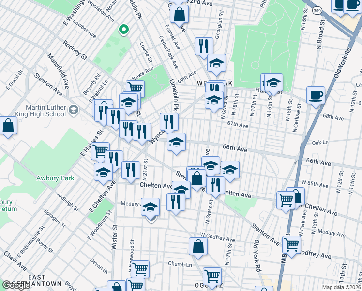 map of restaurants, bars, coffee shops, grocery stores, and more near 2000 66th Avenue in Philadelphia