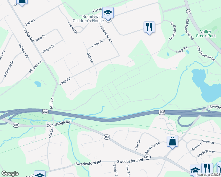 map of restaurants, bars, coffee shops, grocery stores, and more near 272 Lapp Road in Malvern
