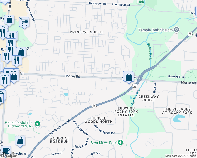 map of restaurants, bars, coffee shops, grocery stores, and more near 5445 Morse Road in Columbus