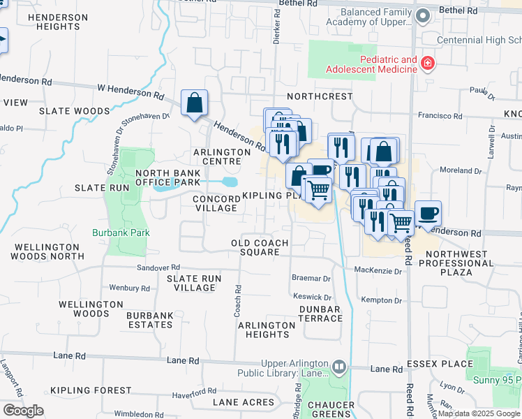 map of restaurants, bars, coffee shops, grocery stores, and more near 4829 Dierker Road in Columbus
