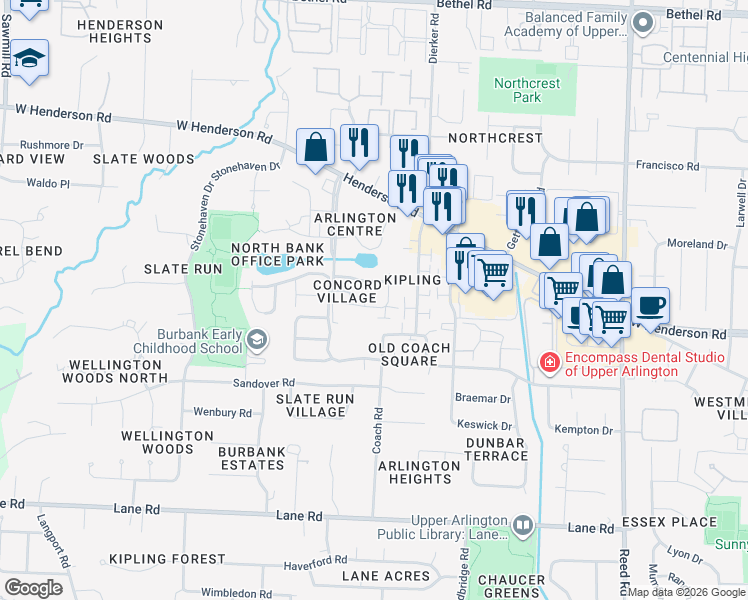map of restaurants, bars, coffee shops, grocery stores, and more near 2158 Sandston Road in Columbus